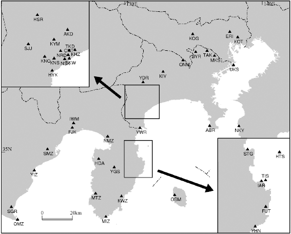 図1 南関東・伊豆半島・駿河湾における観測点配置