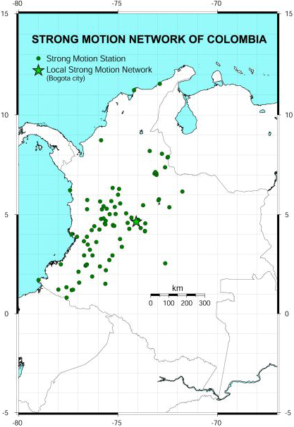 (a) Distribution of stations of the strong motion network of Colombia