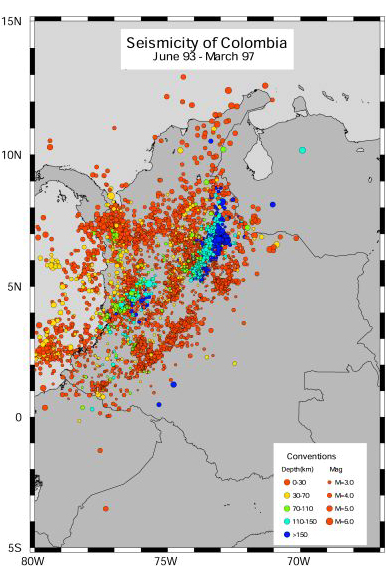 (b) Seismic Activity of Colombia from 93 to 97 recorded by the Seismic National Network of Colombia operated by INGEOMINAS.